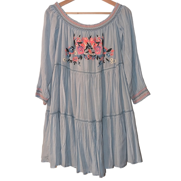 Free People Sunbeams Embroidered Boho Off Shoulder 3/4 Sleeve Lined Mini Dress - Picture 3 of 13